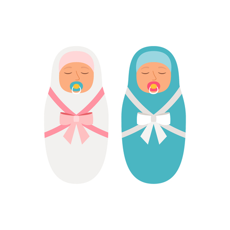 Girl and boy babies. Beautiful newborn baby vector illustration, pink girl and blue boy innocent little children isolated on whiteのイラスト素材