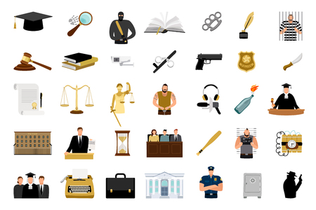 Justice flat icons. Criminal defense and lawyer briefcase, justice scale and judge hammer flat design big icon set, court and law vector signsのイラスト素材