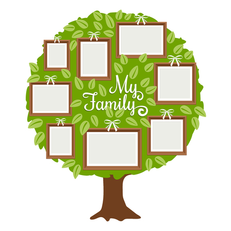 Green family tree with frames for pictures. My family card template, vector illustrationのイラスト素材