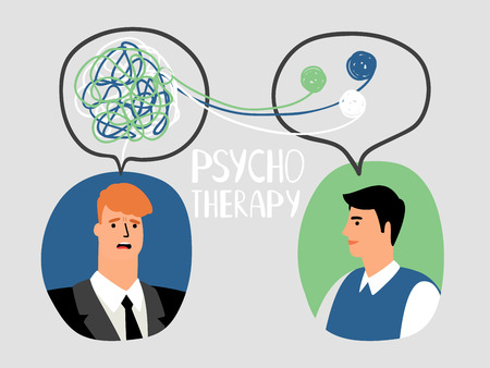Psychotherapy concept illustration with male doctor and parient avatars, vector illustrationのイラスト素材