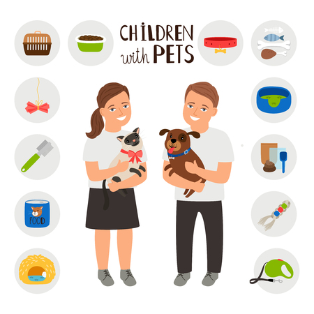 Children boy and girl with pets cat and dog. Set of accessories for home animals. Vector illustrationのイラスト素材