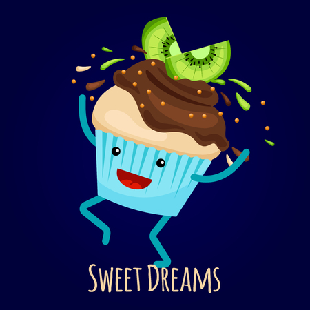 Happy kiwi cupcake with choco splashes - bakery card vector design. Illustration of dessert cupcake with chocolateのイラスト素材