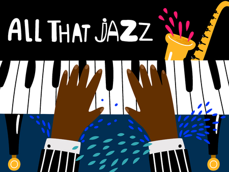 Jazz piano poster. Blues and jazz rhythm musical art festival vector background. Jazz play piano, music festival illustrationのイラスト素材