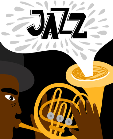 Jazz man african playing trumpet of banner. Music concert, musician man performance, vector illustrationのイラスト素材