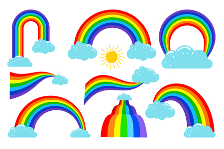 Colored rainbows with clouds collection. Rainbow in sky, weather cloud, vector illustrationのイラスト素材