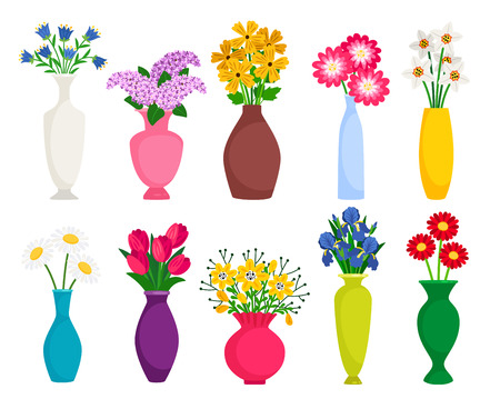Set of colored vases with blooming flowers for decoration and interior. Chamomile, tulip, poppy and lilac. Vector illustrationのイラスト素材