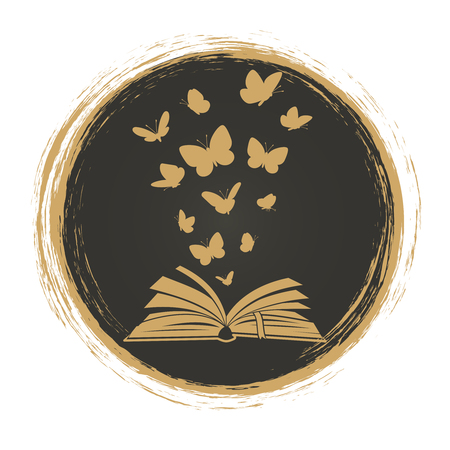 Vintage label with open book and butterflies silhouettes. Illustration of book and butterflyのイラスト素材