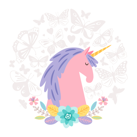 Unicorn dream flat on round background with butterfly. Vector unicorn cartoon with mane illustrationのイラスト素材