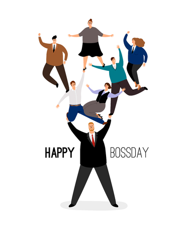 Happy bossday. Leader man with employees team. Vector boss day poster, corporate office illustrationのイラスト素材