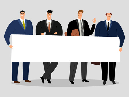 Businessmen holding banner. Group of male activists vector illustration. Businessman with banner or posterのイラスト素材