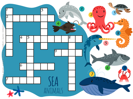 Vector sea animals crossword template with cartoon characters. Illustration ofのイラスト素材