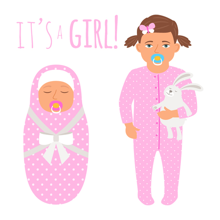 Cute girl babies isolated on white background. Vector infant with nipple, female girl toddler illustrationのイラスト素材