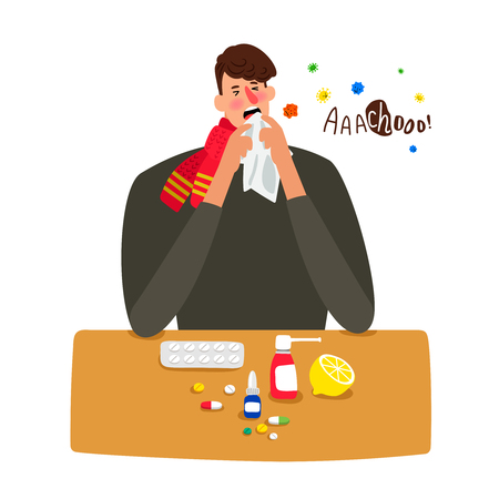 Sick man sneezes with flu isolated on white. Vector flu man, illness adult illustrationのイラスト素材