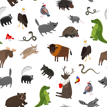 North america animals seamless pattern. Vector illustration. Wildlife skunk and buffalo, mouse and porcupineのイラスト素材