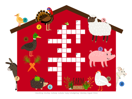 Farm animals vector kids crossword template isolated. Illustration of game brainteaser for childrenのイラスト素材