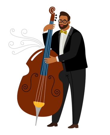 Jazz man contrabassist, vector cartoon character with instrument. Jazz musician player, sound musical contrabassist illustrationのイラスト素材