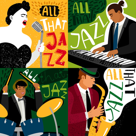 Banners jazz band play on musical instruments. Vector concert musical, banner and poster illustrationのイラスト素材