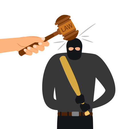 Legal punishment of criminal character. Hammer of law hits head of criminal. Vector illustrationのイラスト素材