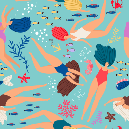 Swimmers girls underwater pattern with color fish. Vector seamless swimmer girl pattern in sea illustrationのイラスト素材