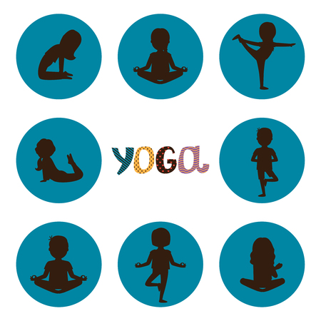 Yoga poses silhouettes icons vector of set. Kids yoga silhouette pose, sport and stretching illustrationのイラスト素材