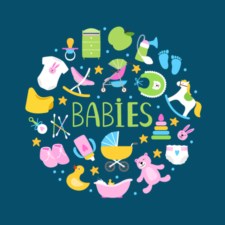 Round Banner Or Background With Cute Babies Accessorises Vector