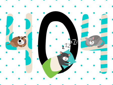 404 error page. Funny missing page mistake vector illustration, computer not found home screen warning with sleeping cats and dog, web site lostのイラスト素材