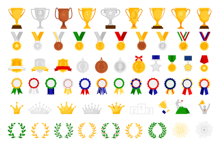 Cartoon award set. Sport and game achievement vector awards, medal and bowl, achieve trophy coat of arms and emblem, wreath and crownのイラスト素材