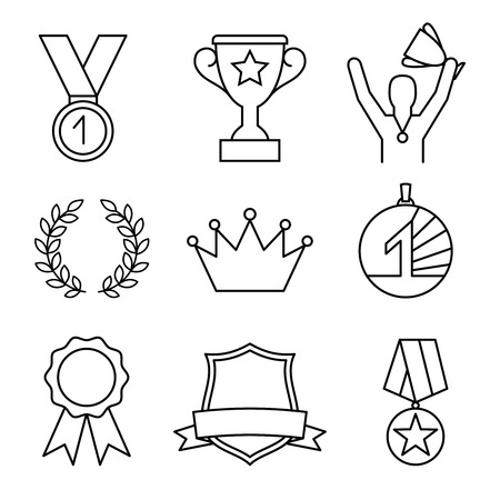 Awards line icons. Award linear sign set, awarded banners and awarding outline trophy, ranking bestowal and winning badge vector iconsのイラスト素材