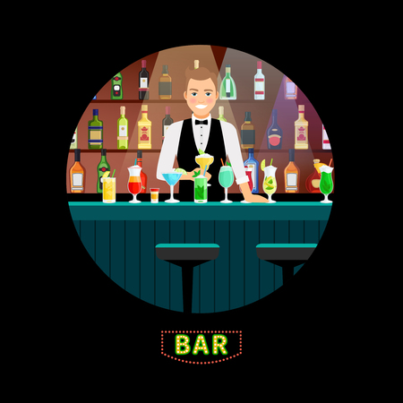 Bartender. Vector male barman pouring cocktail with luxury alcohol interior bar background for restaurants and night cocktails clubsのイラスト素材
