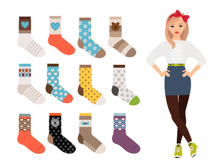 Woman socks. Female warm and casual socks collection. Cartoon character cute girl vector design with sock setのイラスト素材