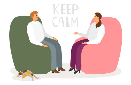 Man and woman are talking in a relaxed atmosphere. Keep calm vector concept. Illustration of psychiatrist and counseling patient, healthcare emotional psychologyのイラスト素材