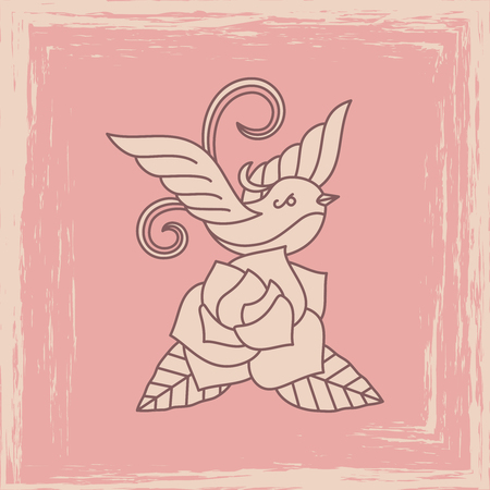 Vintage bird with rose silhouette vector illustration. Rose and nature flowerのイラスト素材