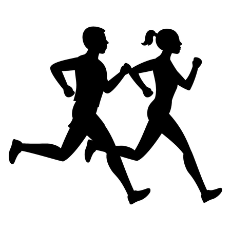 Running man and woman black vector silhouettes. Sport female and male, jogging training athlete illustrationのイラスト素材