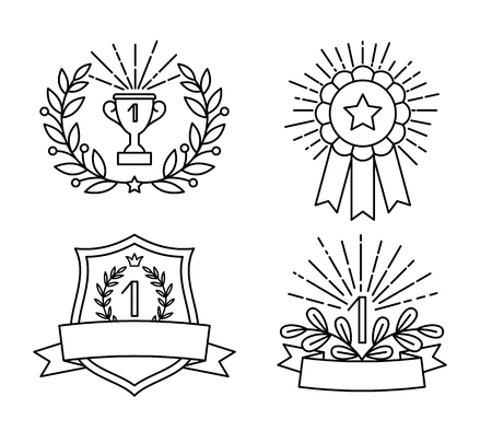 Black awards outline icons set. Vector prize and victory symbols, cup and medal linear icons on white backgroundのイラスト素材