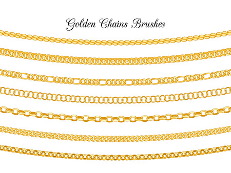 Golden chains brushes. Gold metal chain borders isolated on white background, vector necklace chains seamless patternsのイラスト素材