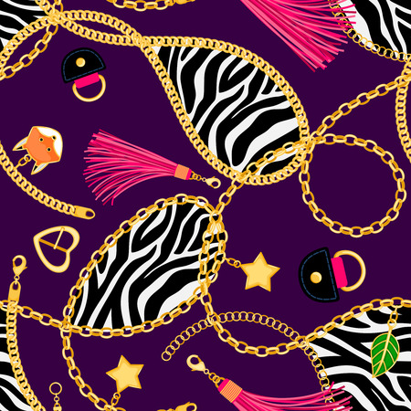 Chains zebra pattern. Luxury safari chained tuileries elegant shiny accessories tile, fashion metal buckles and leather tassels repeat, vector illustrationのイラスト素材