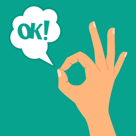 Hand showing OK sign and bubble speech with OK text vector illustrationのイラスト素材