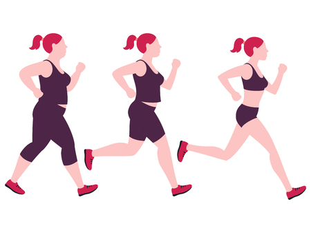 Jogging weight loss woman. Overweight fat lady and fitness slim girl vector isolated on white background. Fitness exercise, jogging and weight loss illustrationのイラスト素材