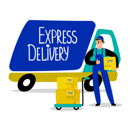 Express delivery track, delivery man and parcels vector illustration. Cargo van and man with parcel deliveryのイラスト素材