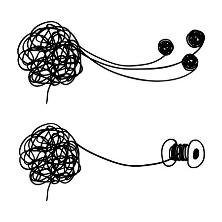 Tangled and untangled brain metaphor. Psychotherapy results vector concept. Illustration of untangle psychotherapy, graphic brainstorming metaphorのイラスト素材