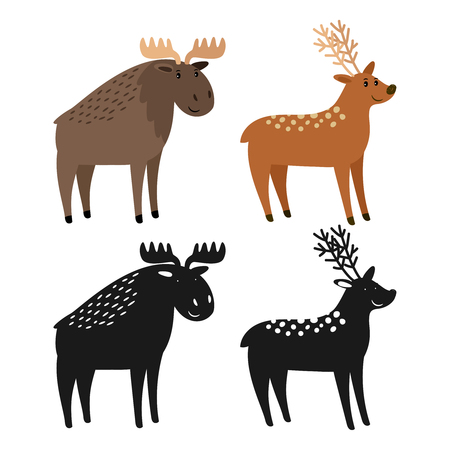 Cartoon character moose and deer and animal silhouettes vector illustration. Silhouette of deer and elk, reindeer and mooseのイラスト素材