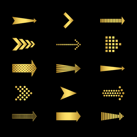 Golden arrows icons on black background vector set. Illustration of arrow symbol gold coloredのイラスト素材
