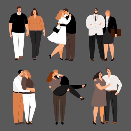 In love couples, plus size women and men vector set. Illustration of couple man and woman, people husband and wifeのイラスト素材