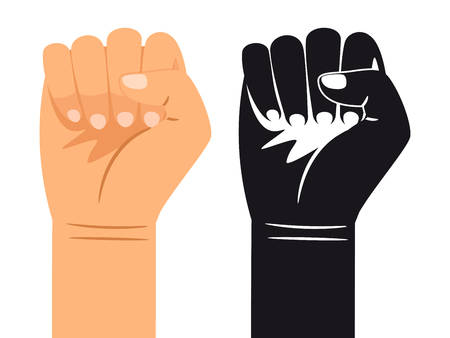 Ordinary and black and white hand is clenched into a fist vector illustration. Fist hand, human power punch, protest strengthのイラスト素材