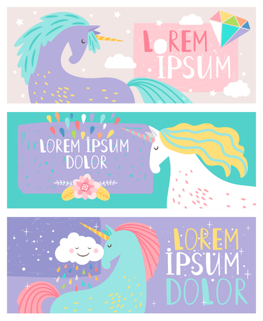 Colored cards with unicorn. Drawing fantasy horse. Unicorn dreaming fantasy, horse pretty and lovely. Vector illustrationのイラスト素材