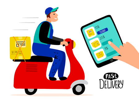 Fast paid delivery vector concept. Delivery man drive scooter illustration. Fast delivery, drive scooter with packageのイラスト素材