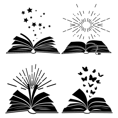 Black books silhouettes with flying butterflies, stars and sunburst, vector illustrationのイラスト素材