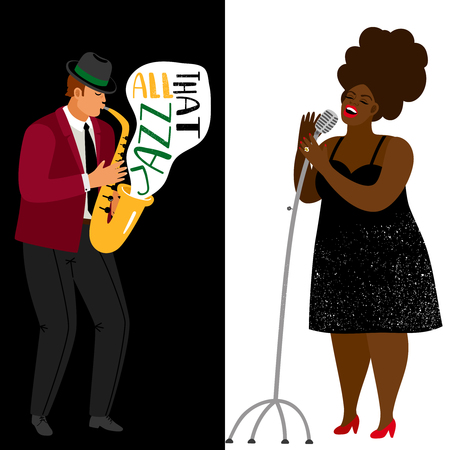 Jazz musician and afroamerican singer vector banners template. Jazz songstress performance, headliner vocalist on concert illustrationのイラスト素材