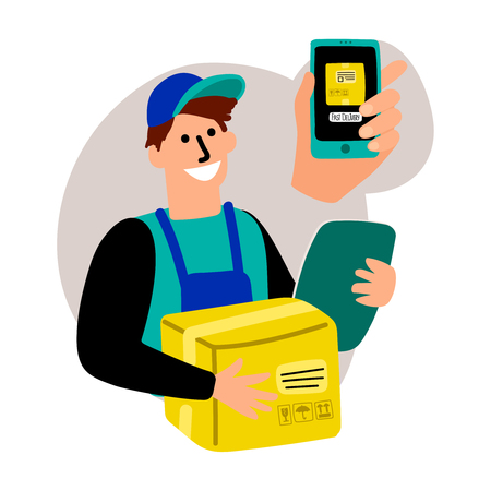 Fast delivery vector concept. Happy delivery boy and tracking number on screen illustrationのイラスト素材