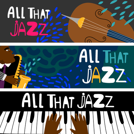 Jazz piano, saxophonist african jazz modern colorful vector bannersのイラスト素材